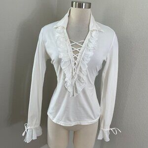 Anne Fontaine Womens 42 Anndreanne White‎ Ruffled Lace Up Blouse Long Sleeve Top